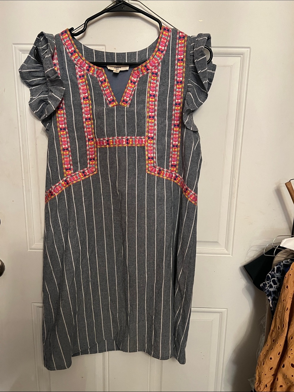 entro Charcoal Gray Pinstripe Dress with Pink & Orange Embroidery